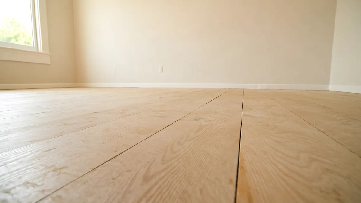 Bare white oak floorboards in an empty room, freshly sanded to raw wood